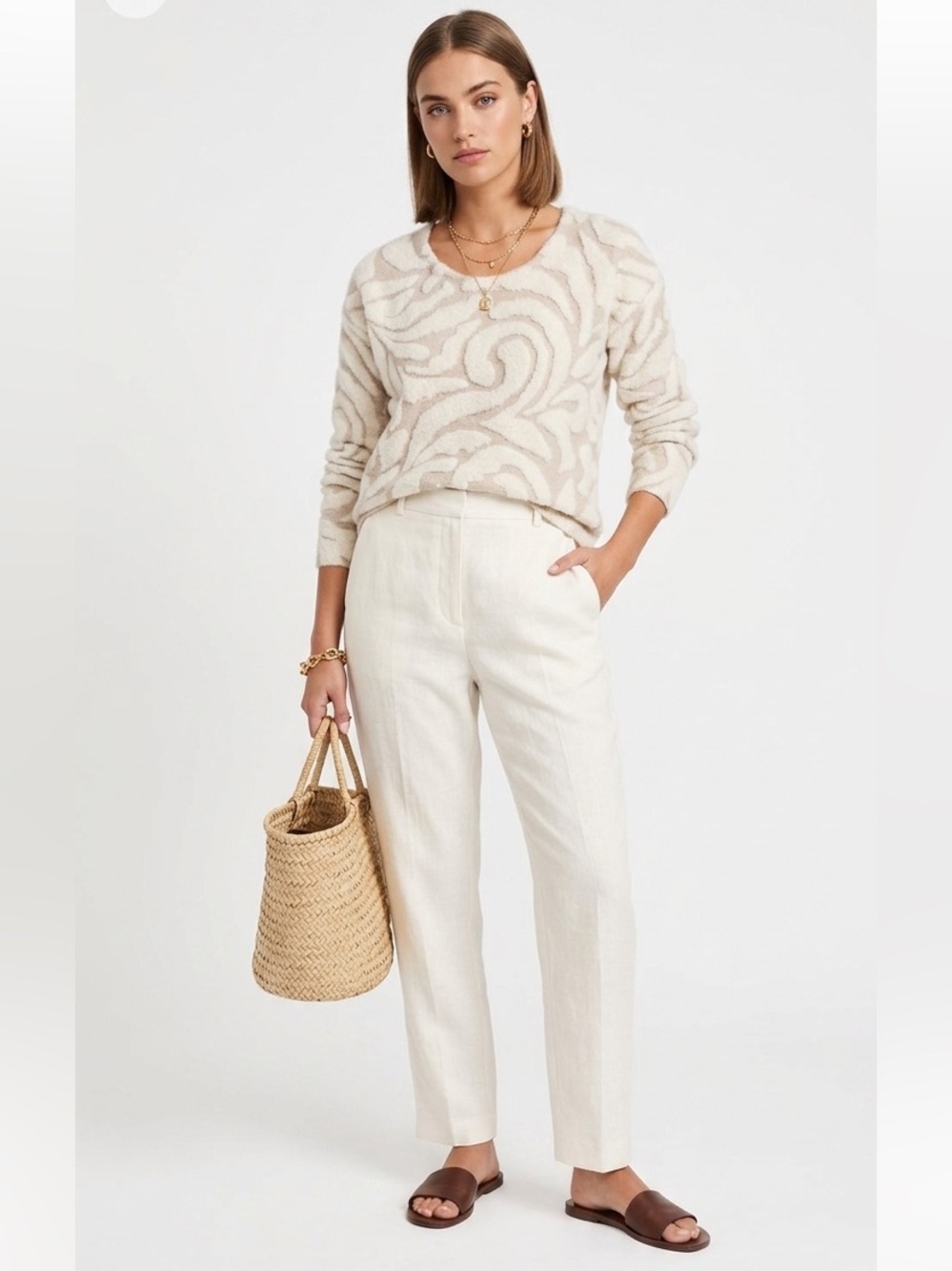 CYNTHIA ROWLEY Cozy Cream and Beige Patterned Women's Sweater - Picture 8 of 8
